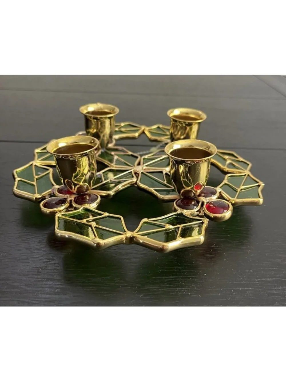 Leaded Stained Glass Holly & Berries Candle Holder Wreath Tabletop Christmas